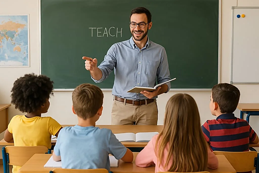 Docente che tiene lezione davanti a un gruppo di bambini in aula